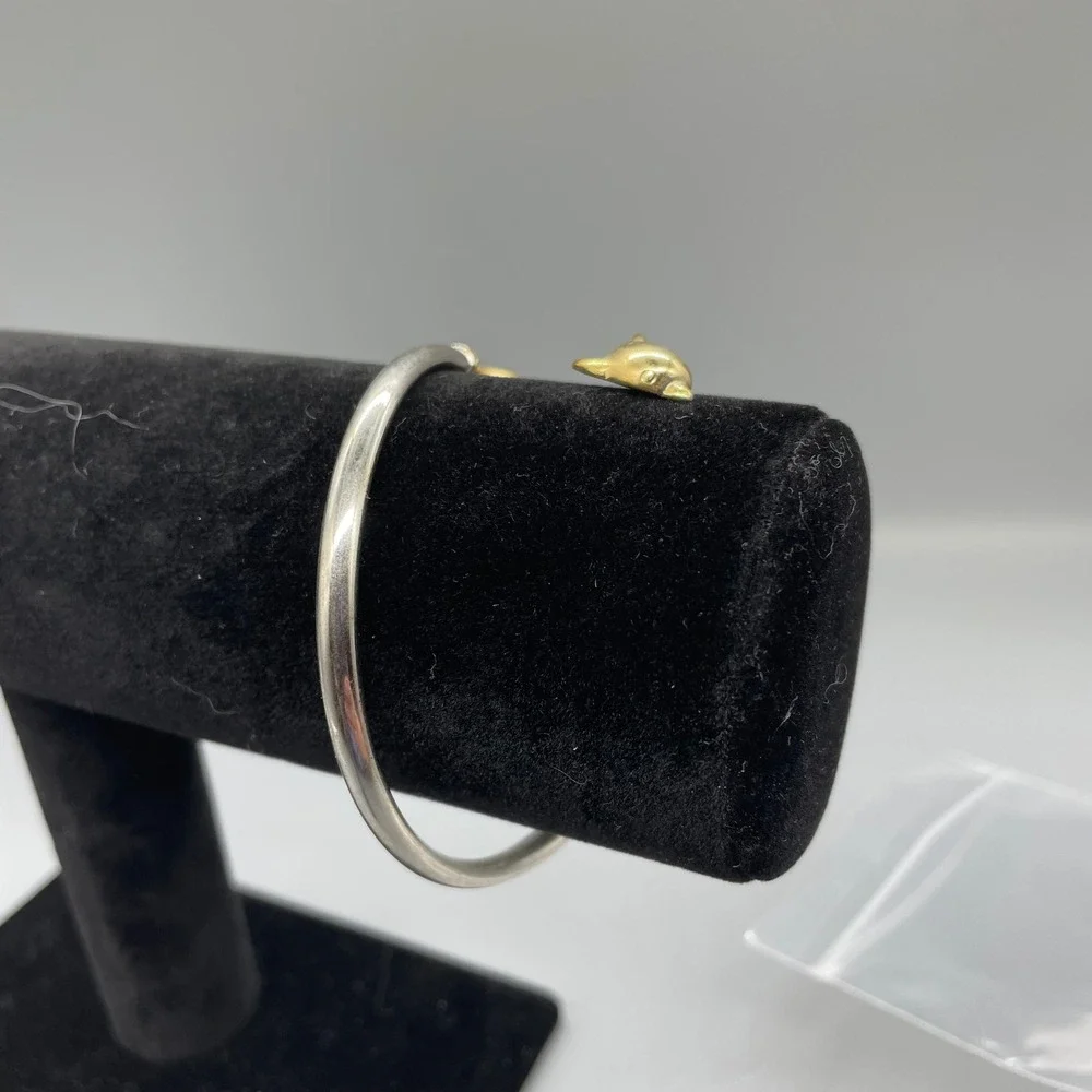 Vintage Two Tone Dolphin Bypass Cuff Bracelet Silver Gold Tone Nautical Jewelry